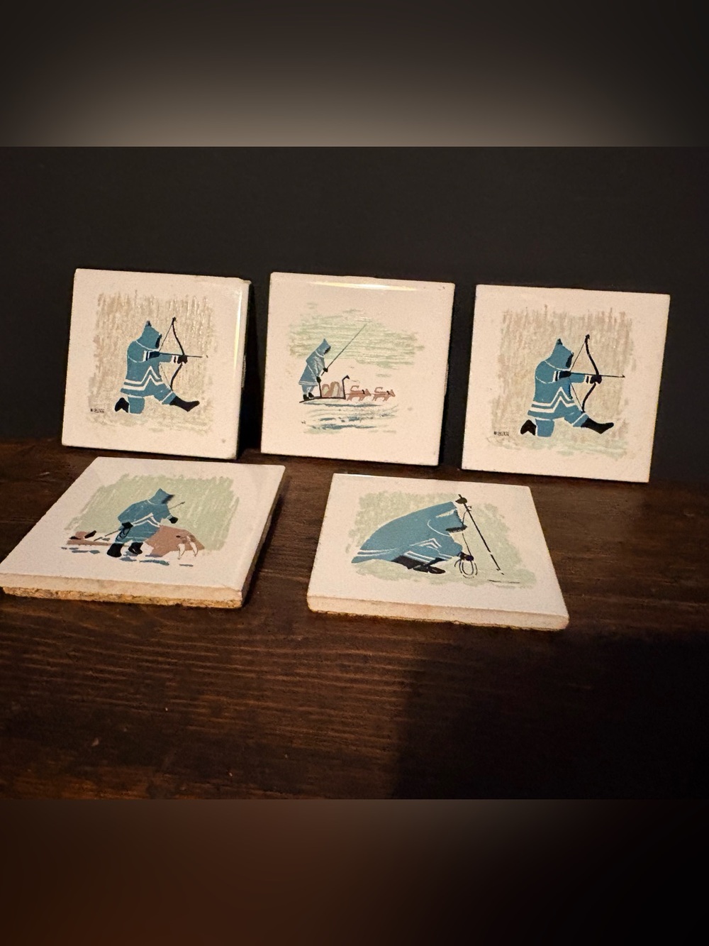 Vintage Mid-Century Ornamin Canada MIKA Inuit Art Tile Coasters - Set of 5